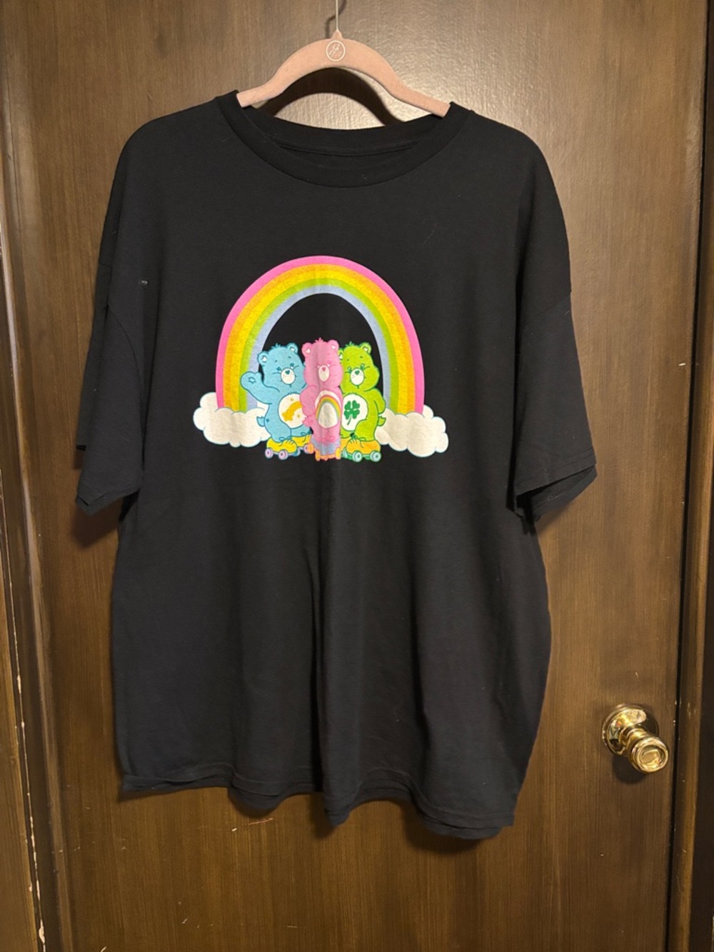 Hybrid Apparel Black Tee with Care Bears and Rainbow